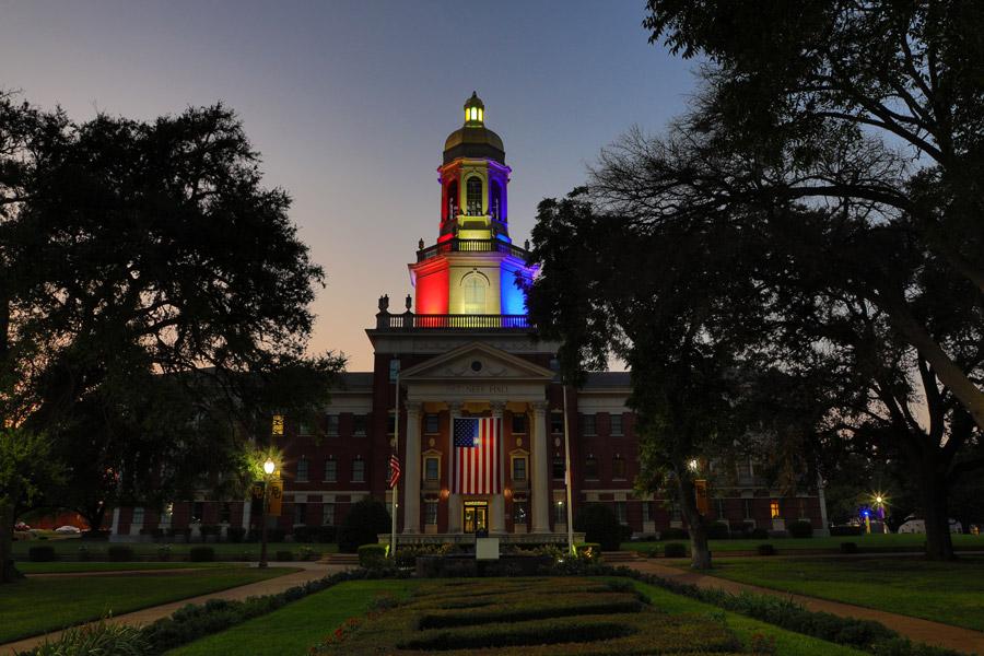 Pat Neff Hall adorned in red, white, and blue