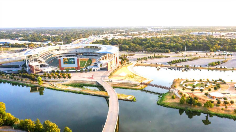 An aerial photo of McLane Stadium at Baylor University, with parking lots in the lower right.