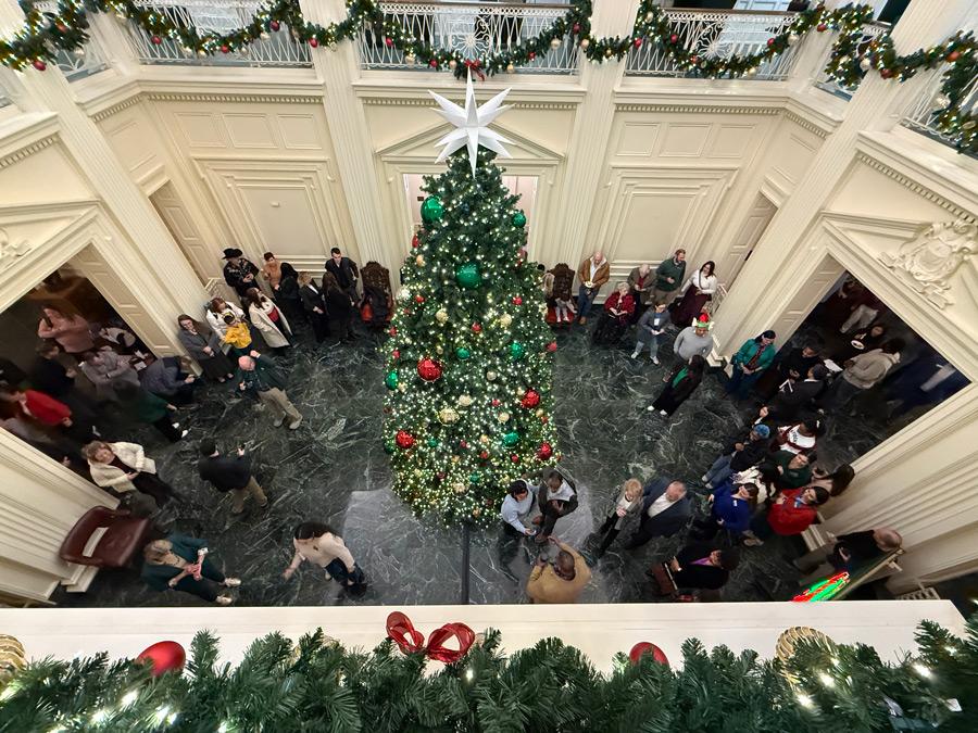 The Christmas Tree in the foyer of the Bill Daniel Student Center