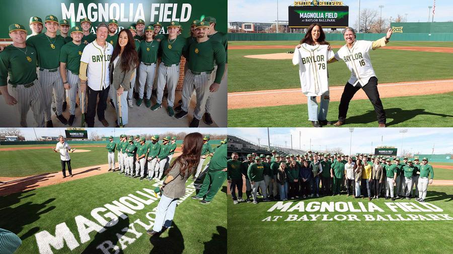 Collage of images celebrating the generosity of Chip and Joanna Gaines at Magnolia Field at Baylor Ballpark